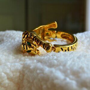 Gold Tone Black Enamel Striped Tiger Cat Hinged Bracelet